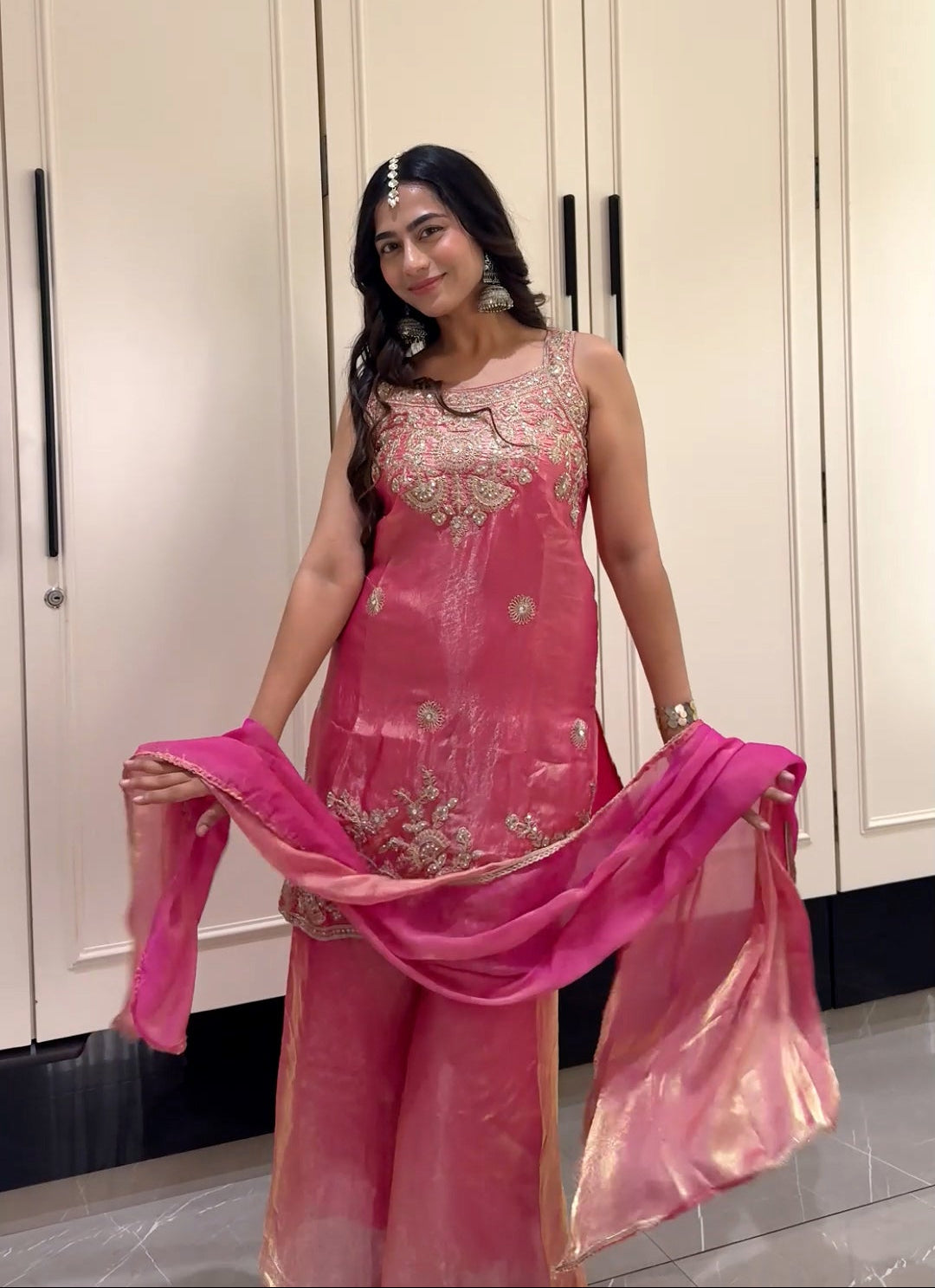 Aafreen Rani Pink Zari Embroidered Organza Kurta Palazzo Set