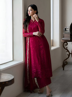 Woman wearing Aarohi Wine Luxury Embroidered Suit-Lahariya.com