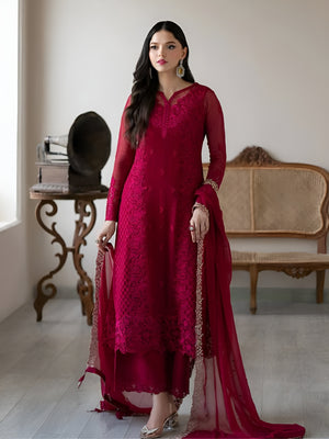 Woman wearing Aarohi Wine Luxury Embroidered Suit-Lahariya.com