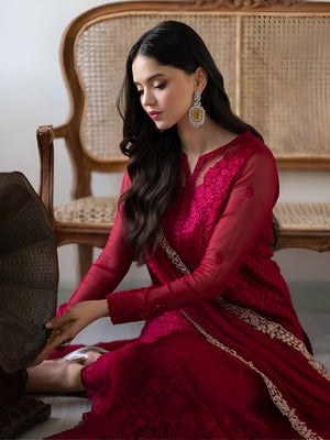 Woman wearing Aarohi Wine Luxury Embroidered Suit-Lahariya.com