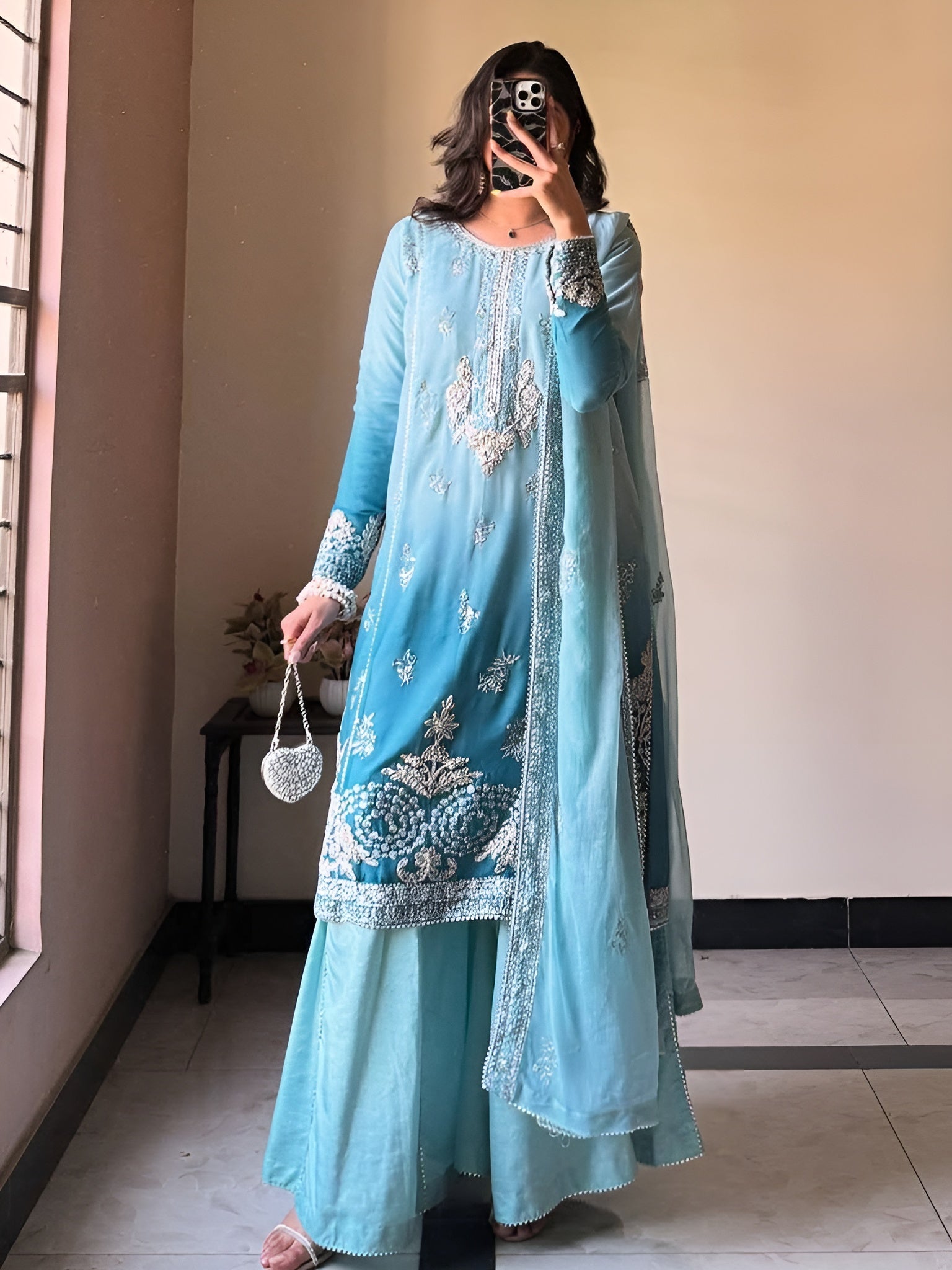 Aisha Icy Blue Chinon Silk Palazzo Suit with Zari & Sequins Embroidery
