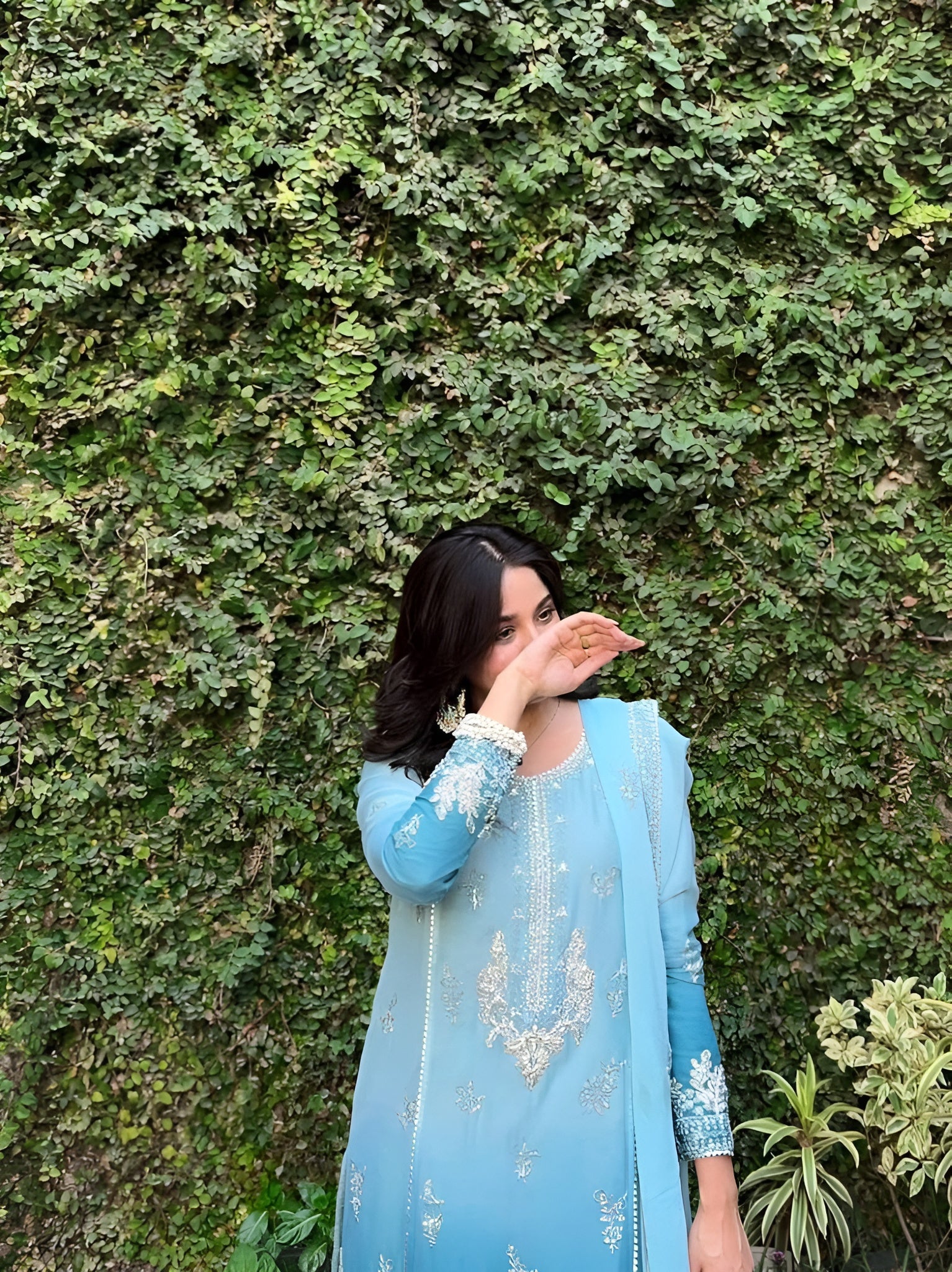 Aisha Icy Blue Chinon Silk Palazzo Suit with Zari & Sequins Embroidery