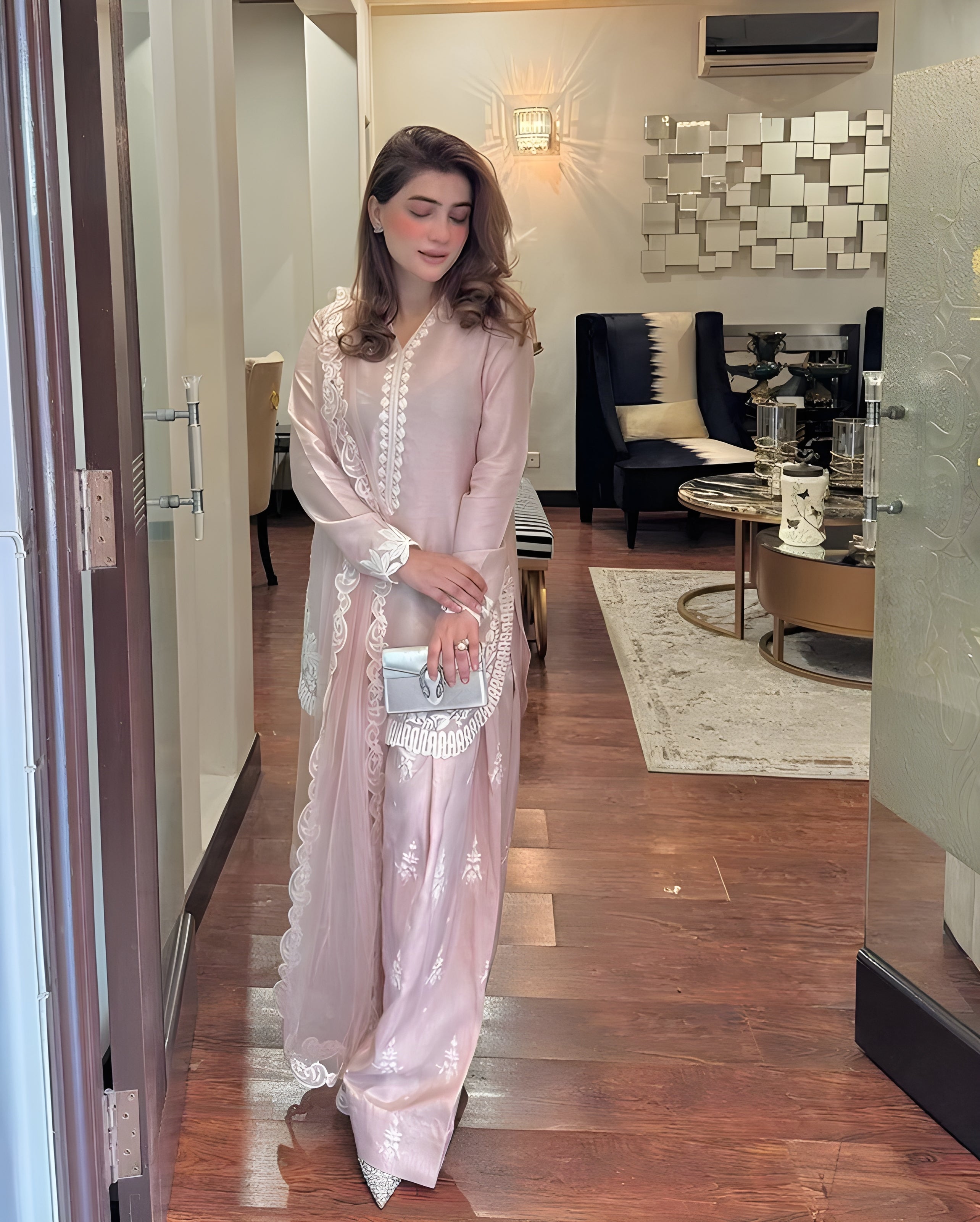 Women wearing Amira Roman Silk Embroidered Farsi Suit Set-Lahariya.com1