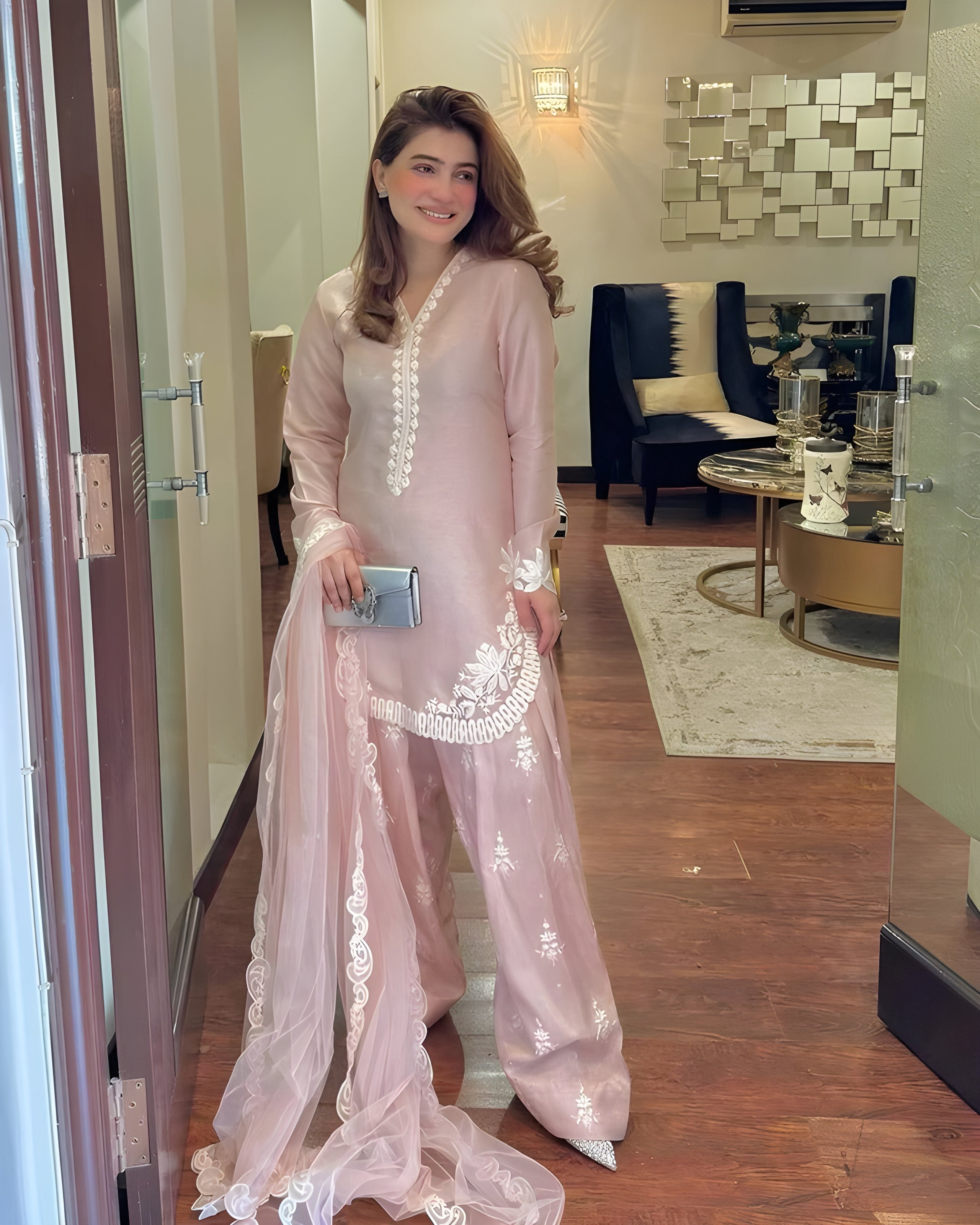 Women wearing Amira Roman Silk Embroidered Farsi Suit Set-Lahariya.com