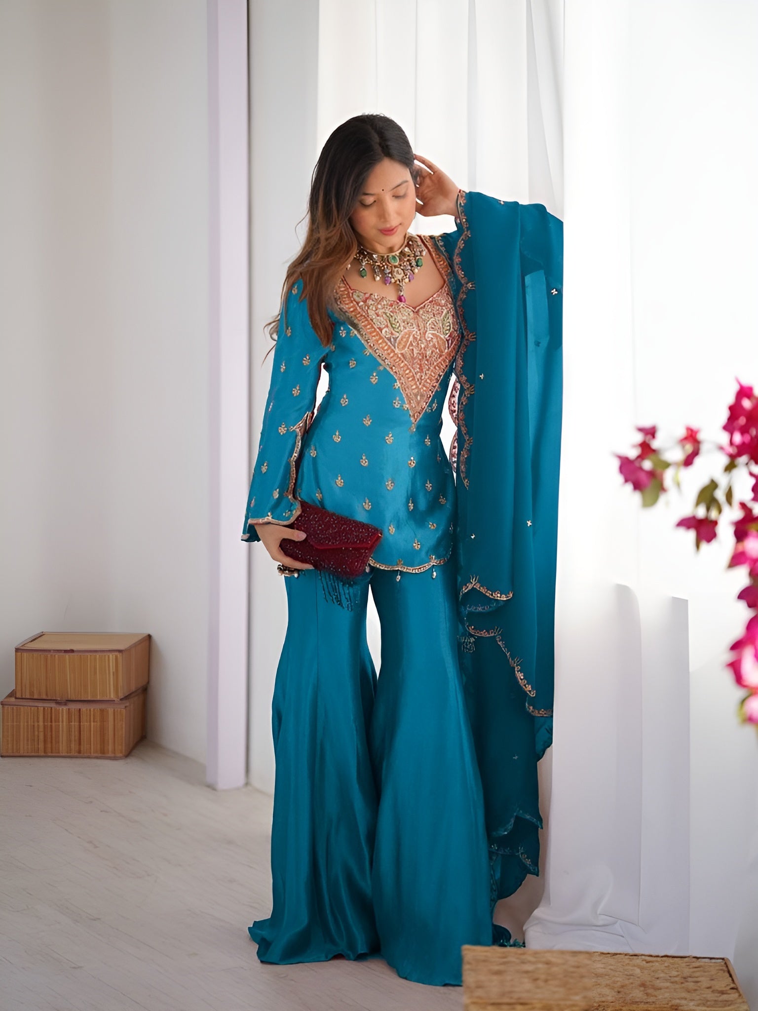 Falak Shimmer Silk Palazzo Suit with Embroidery and Dupatta