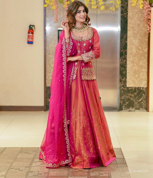 Women wearing Charvi Designer Lengha Suit Set with Exquisite Embroidery Work-Lahariya.com