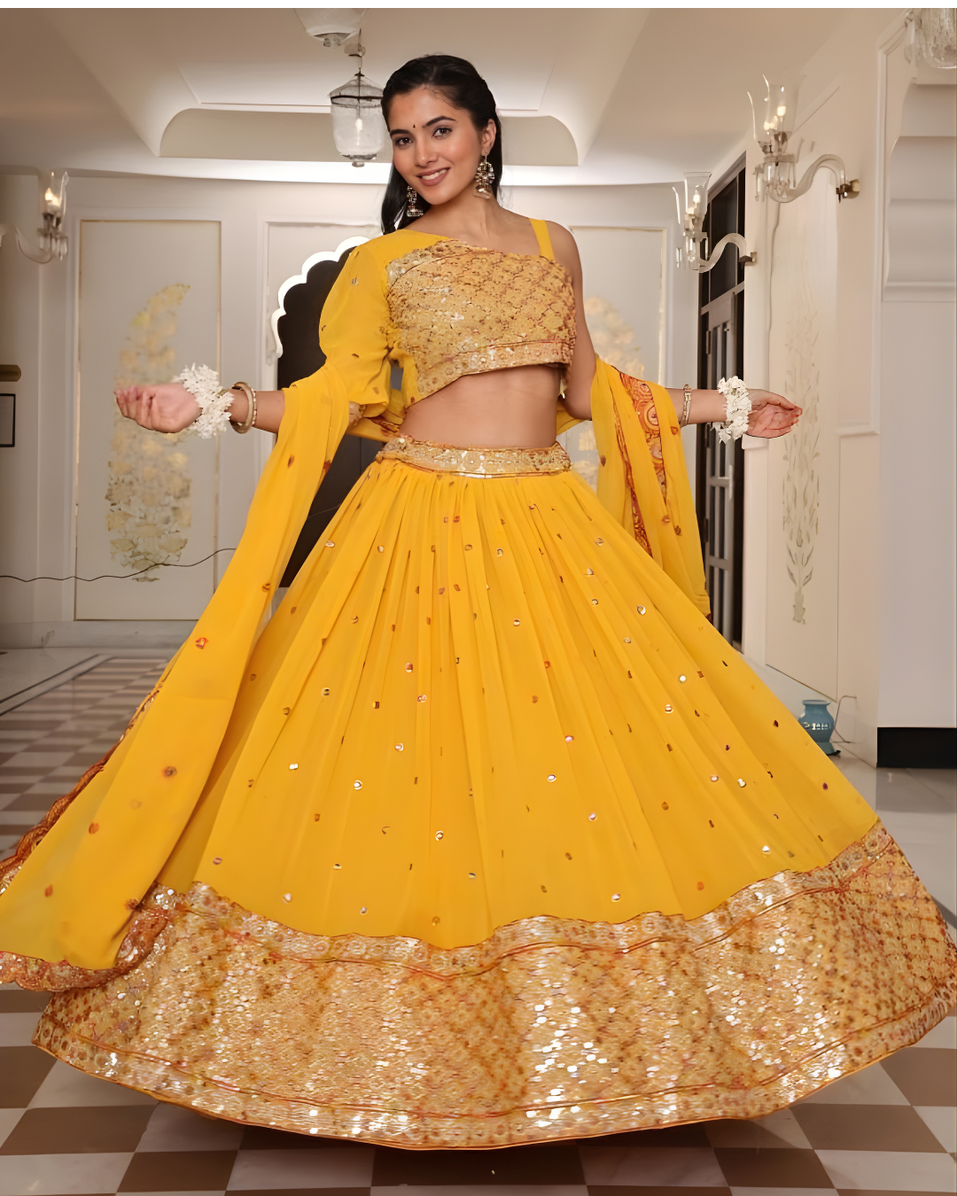 KiaraYellowFloralEmbroideredLehengaCholiSet