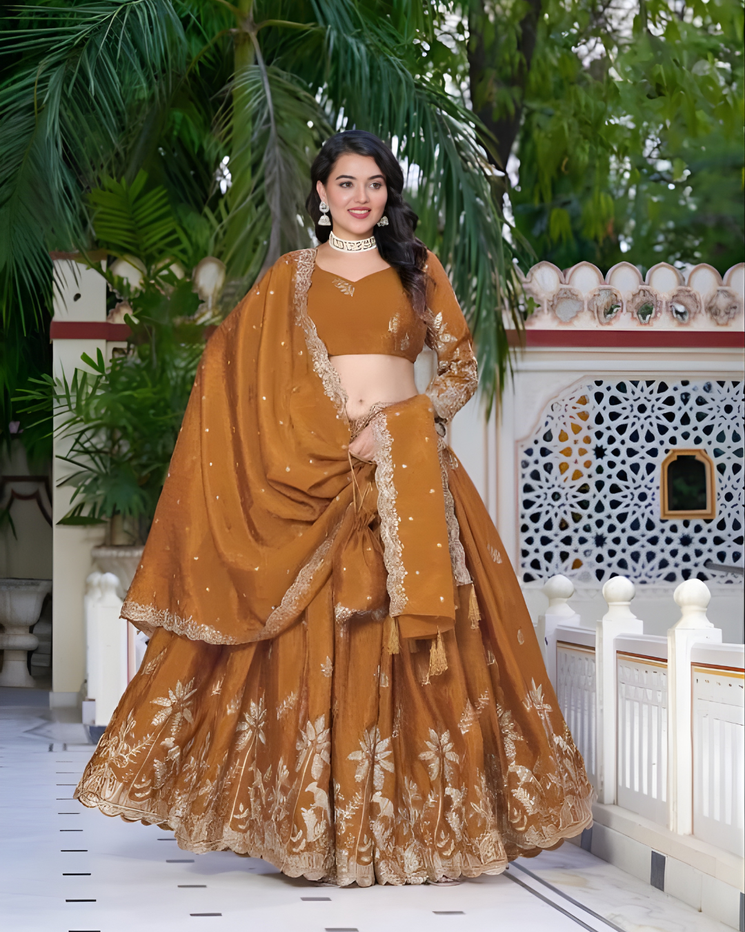 NiaraRustOrangeEmbroideredLehengaCholiSet - Lahariya.com