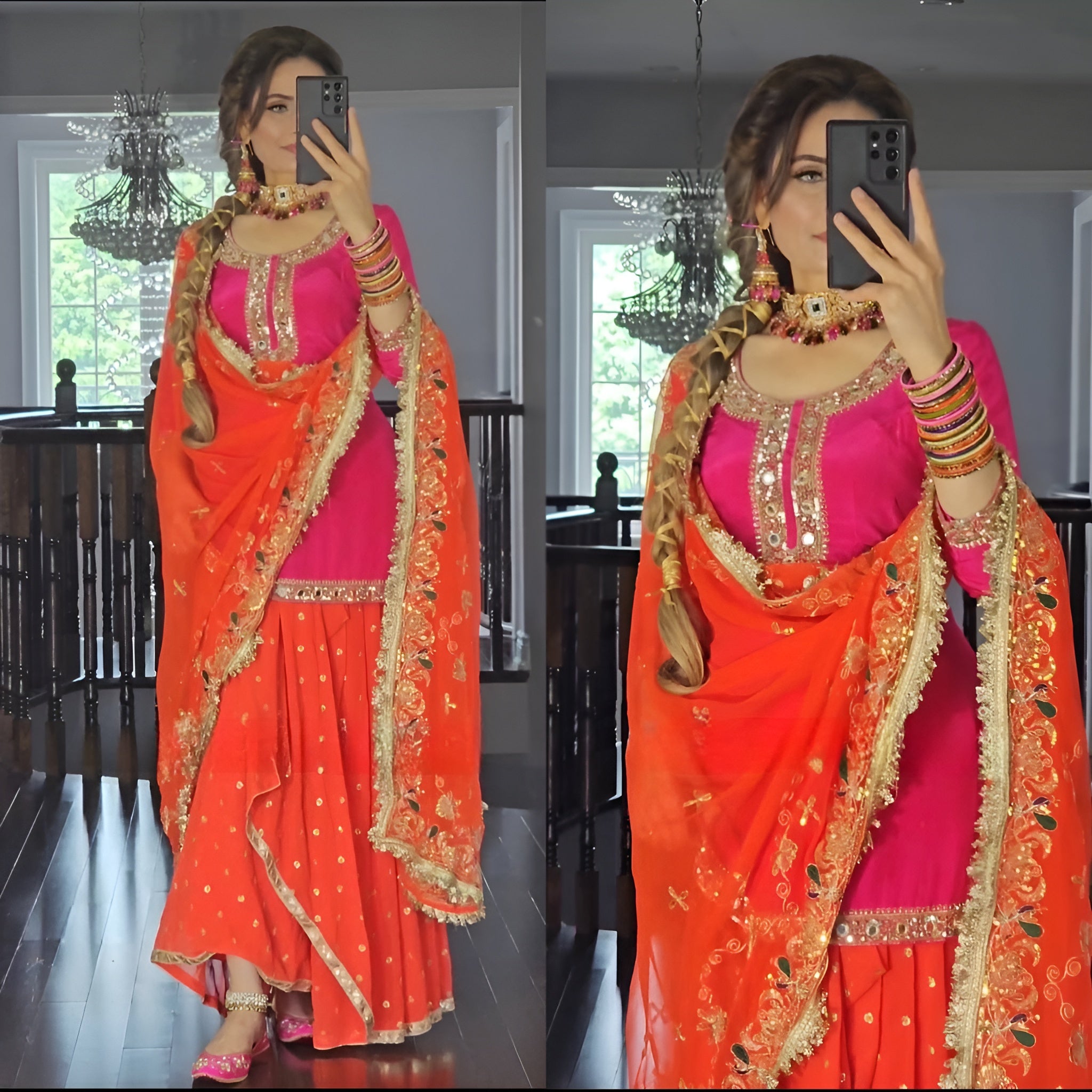 Women wearing Nidhi Embroidered Punjabi Sharara Suit Set-Lahariya.com