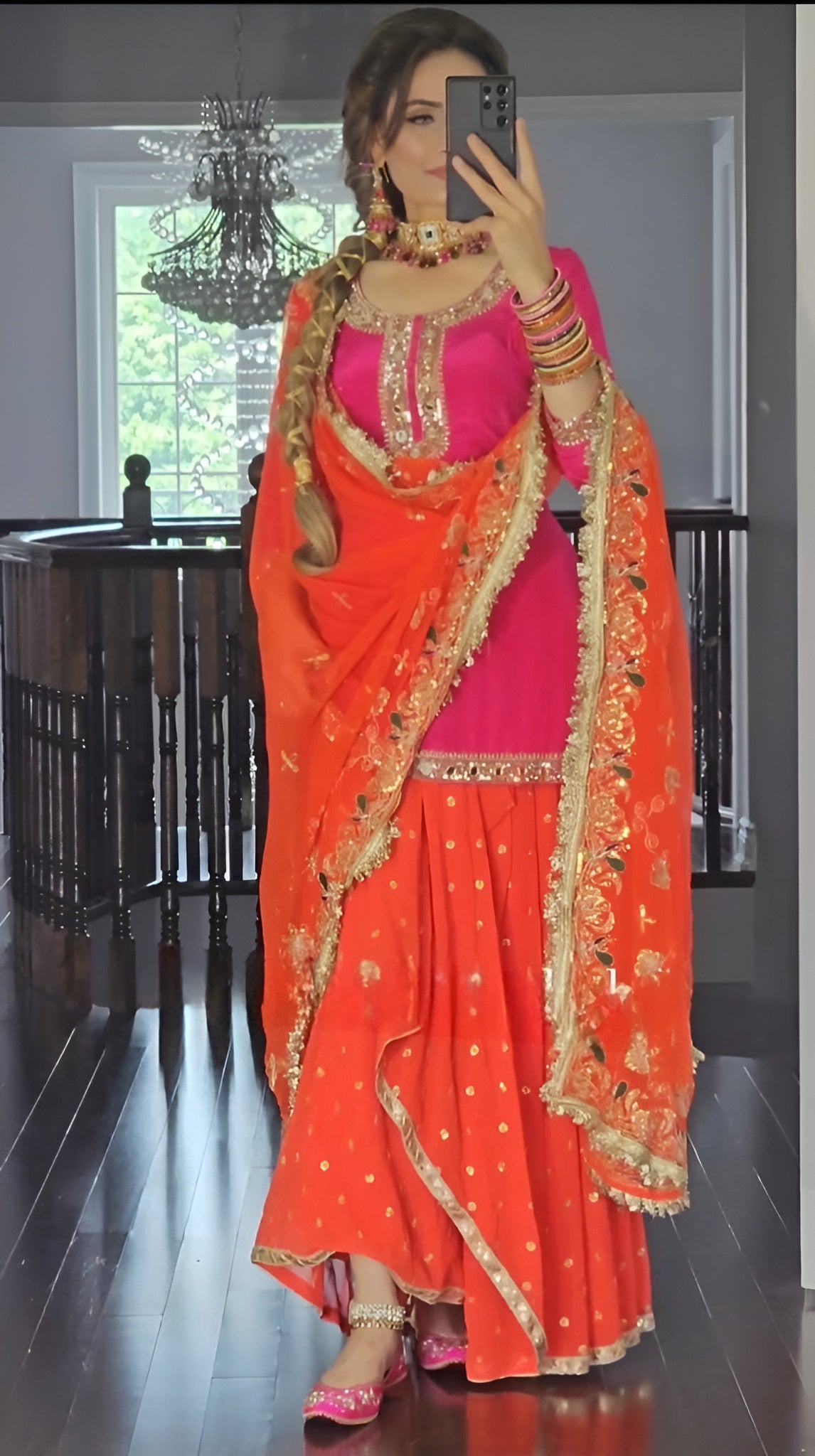 Women wearing Nidhi Embroidered Punjabi Sharara Suit Set-Lahariya.com1