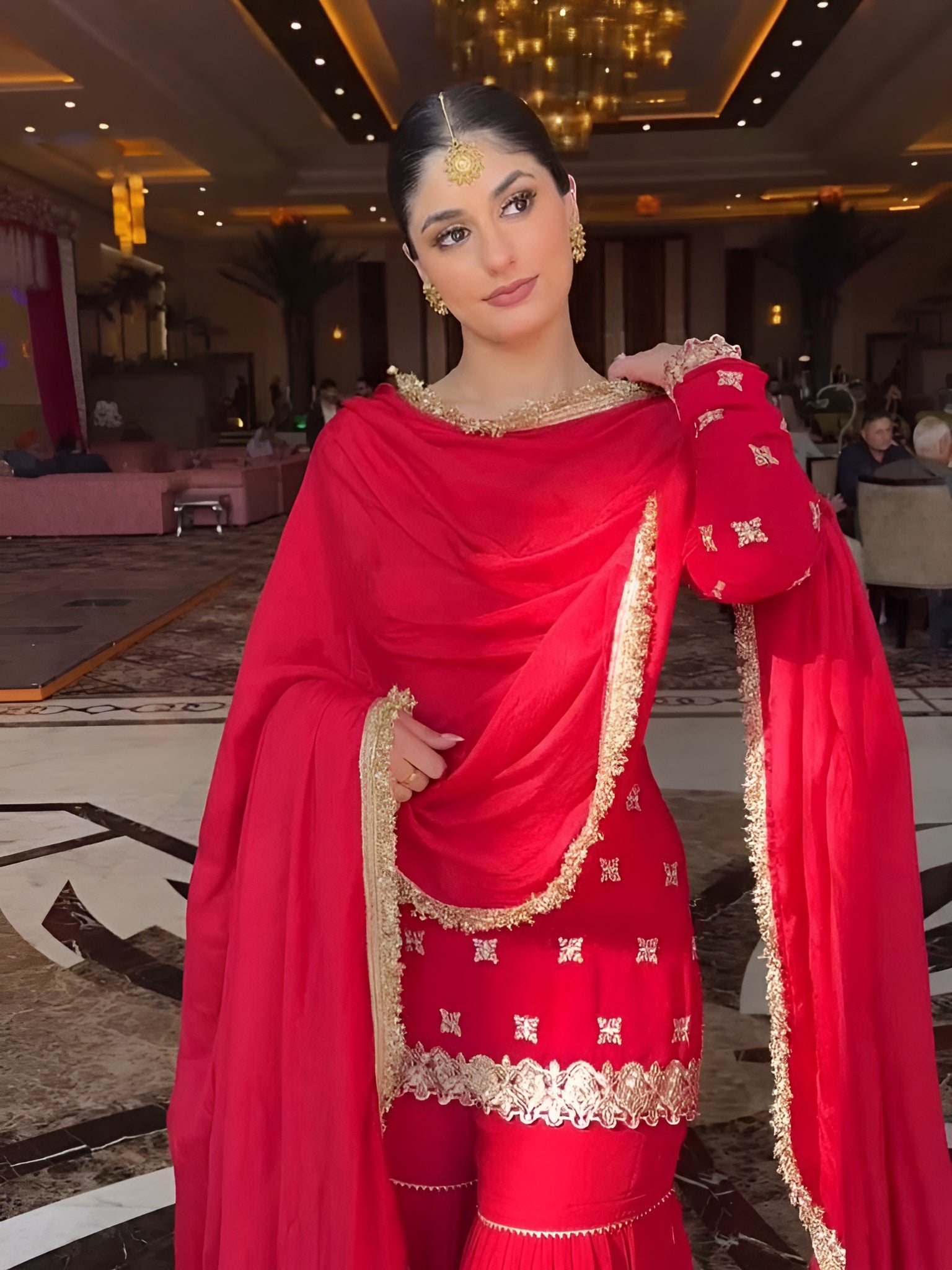 PriyaRedFauxGeorgetteShararaSuitwithLaceDupatta_Sequins1