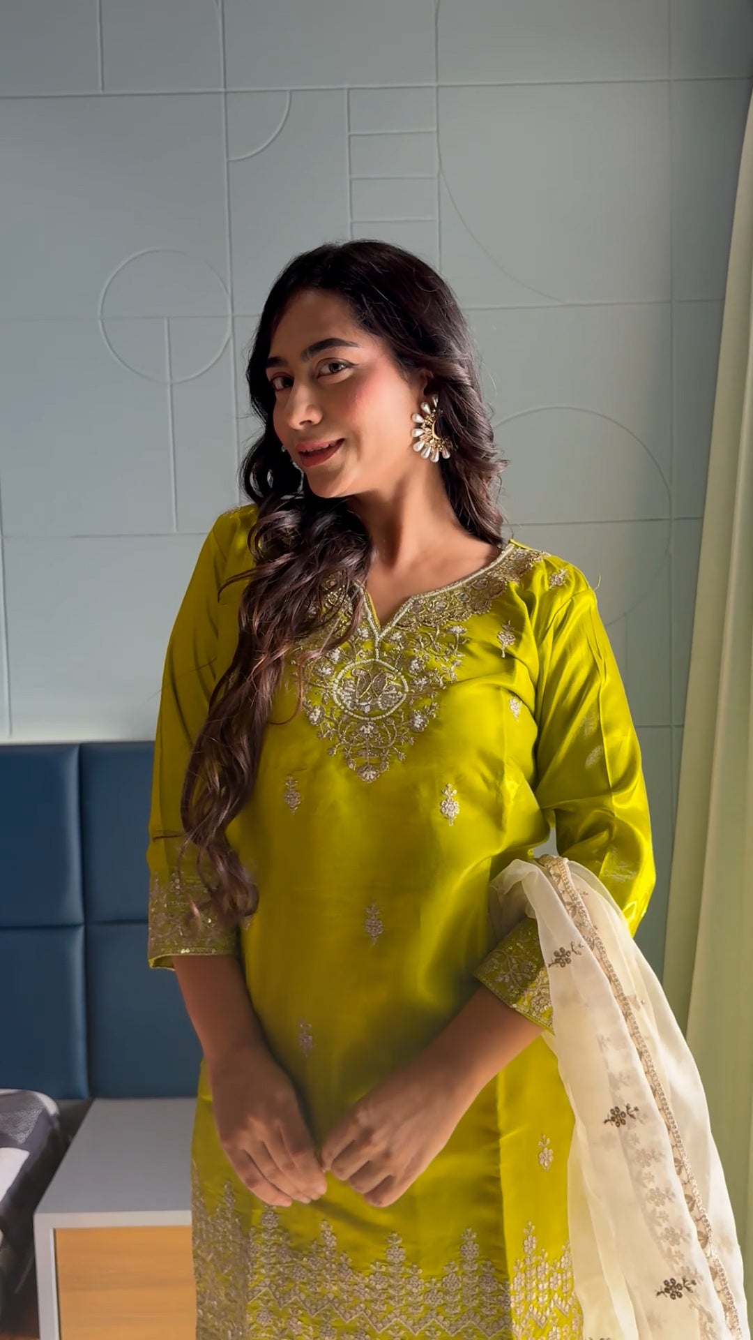Radhika Lime Zest Silk Embroidered Kurta Set with Organza Dupatta -4