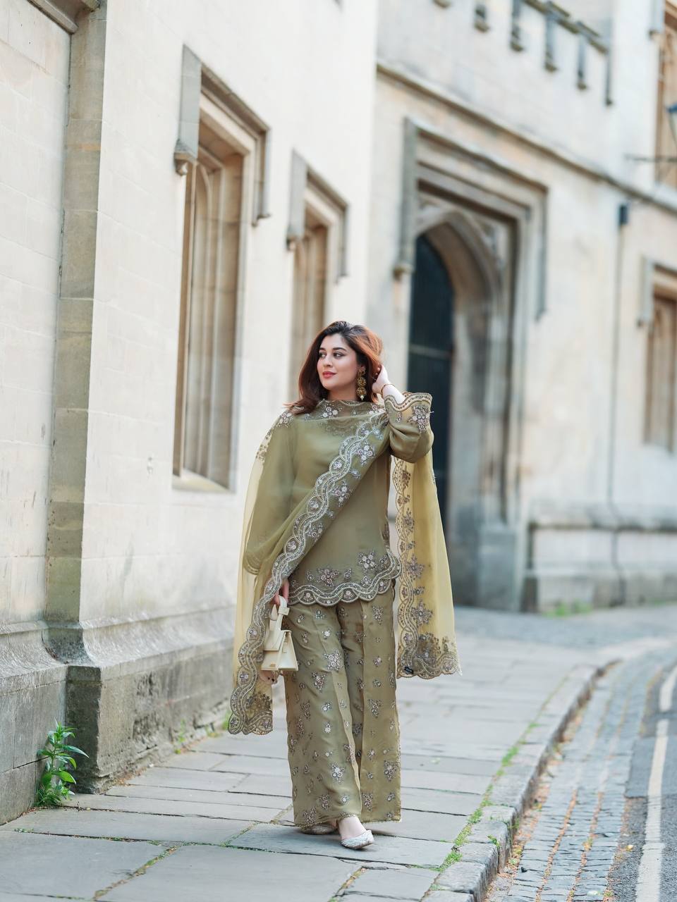 Women wearing Sana Olive French Crepe Sharara Set-Laharaiya.com