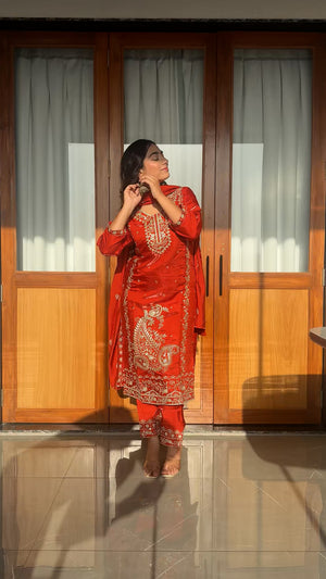 Zareen Vermilion Regal Zari Embroidered Silk Kurta Pant Set with Dupatta_2