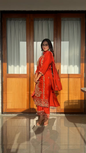 Zareen Vermilion Regal Zari Embroidered Silk Kurta Pant Set with Dupatta_3