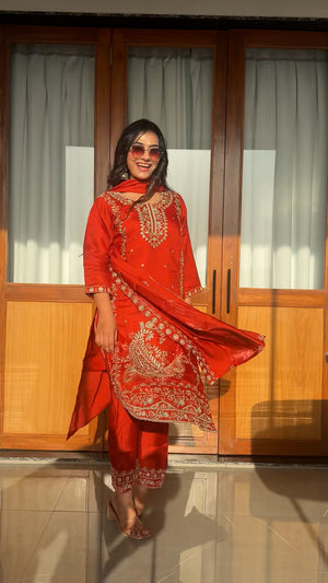 Zareen Vermilion Regal Zari Embroidered Silk Kurta Pant Set with Dupatta_7