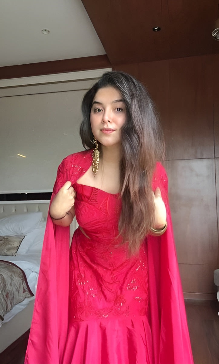 Radha French Crape Ruffle Lehenga with Cape Dupatta