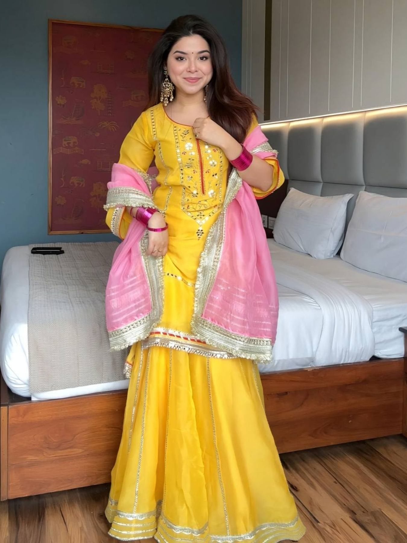 Myra Yellow Chinon Silk Sharara Set with Zimmy Chu Dupatta