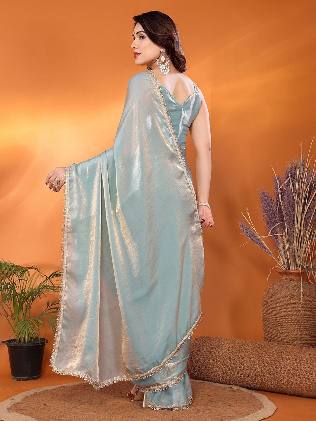 Lahariya “Sea Green Shimmer Tissue Saree” with Unstitched Blouse Shimmer Satin
