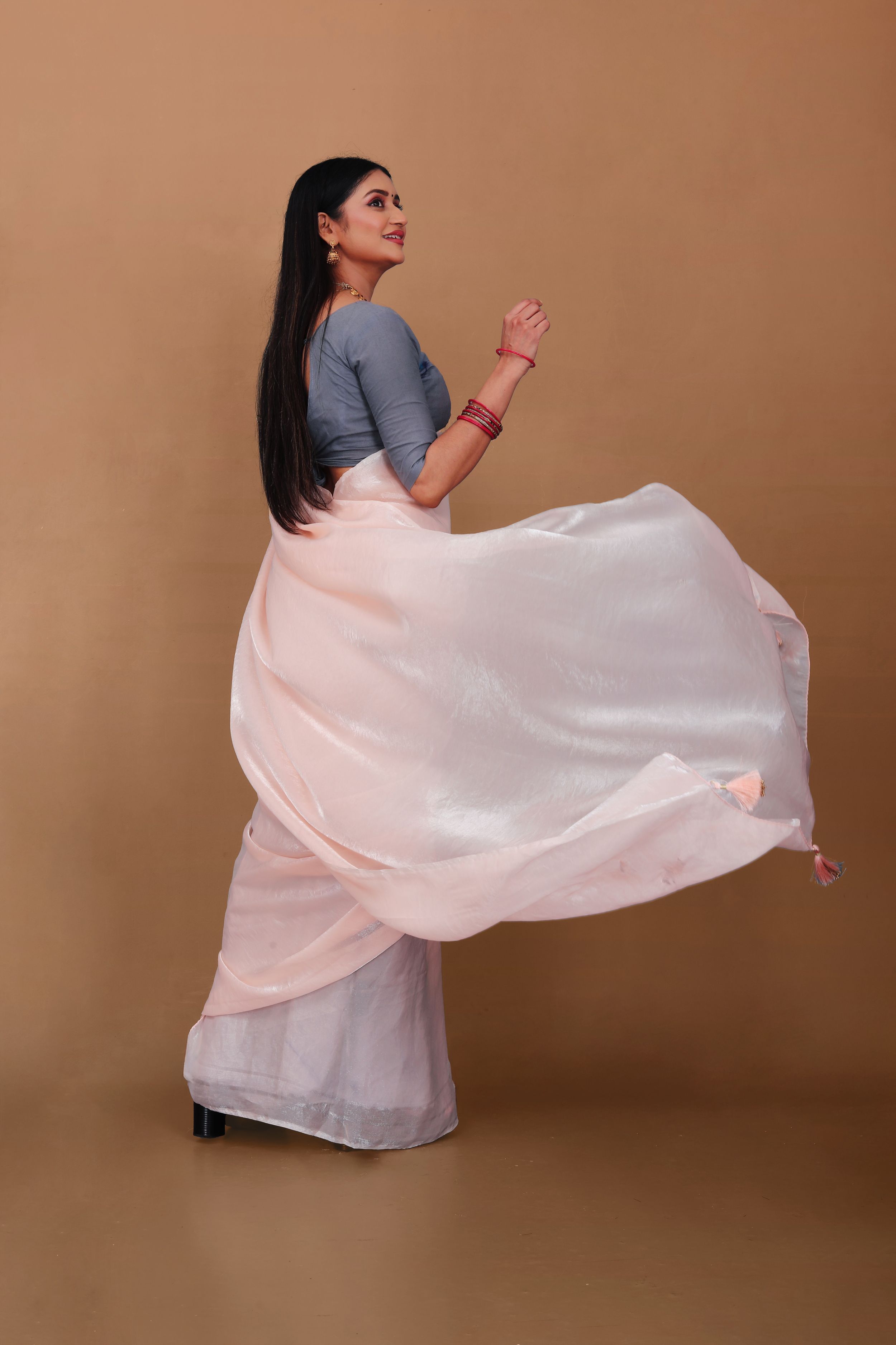 Lahariya “Blush Pink Shimmer Satin Saree” with Lace Border & Unstitched Blouse - Buy latest designer sarees online from Lahariya