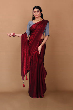 Lahariya “Deep Wine Shimmer Satin Saree” with Lace Border & Unstitched Blouse - Buy latest designer sarees online from Lahariya