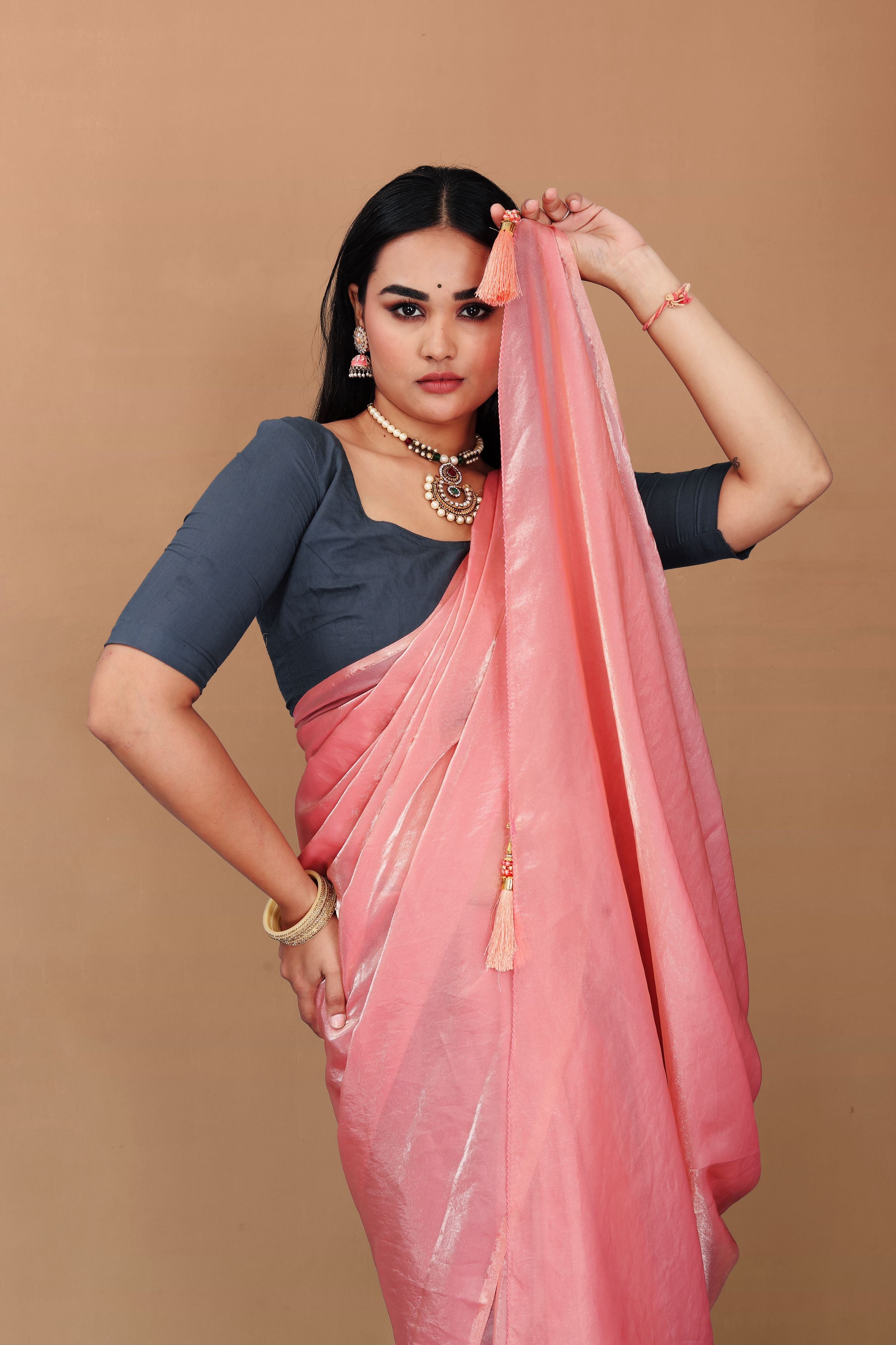 Lahariya “Peach Pink Shimmer Satin Saree” with Unstitched Blouse - Buy latest designer sarees online from Lahariya