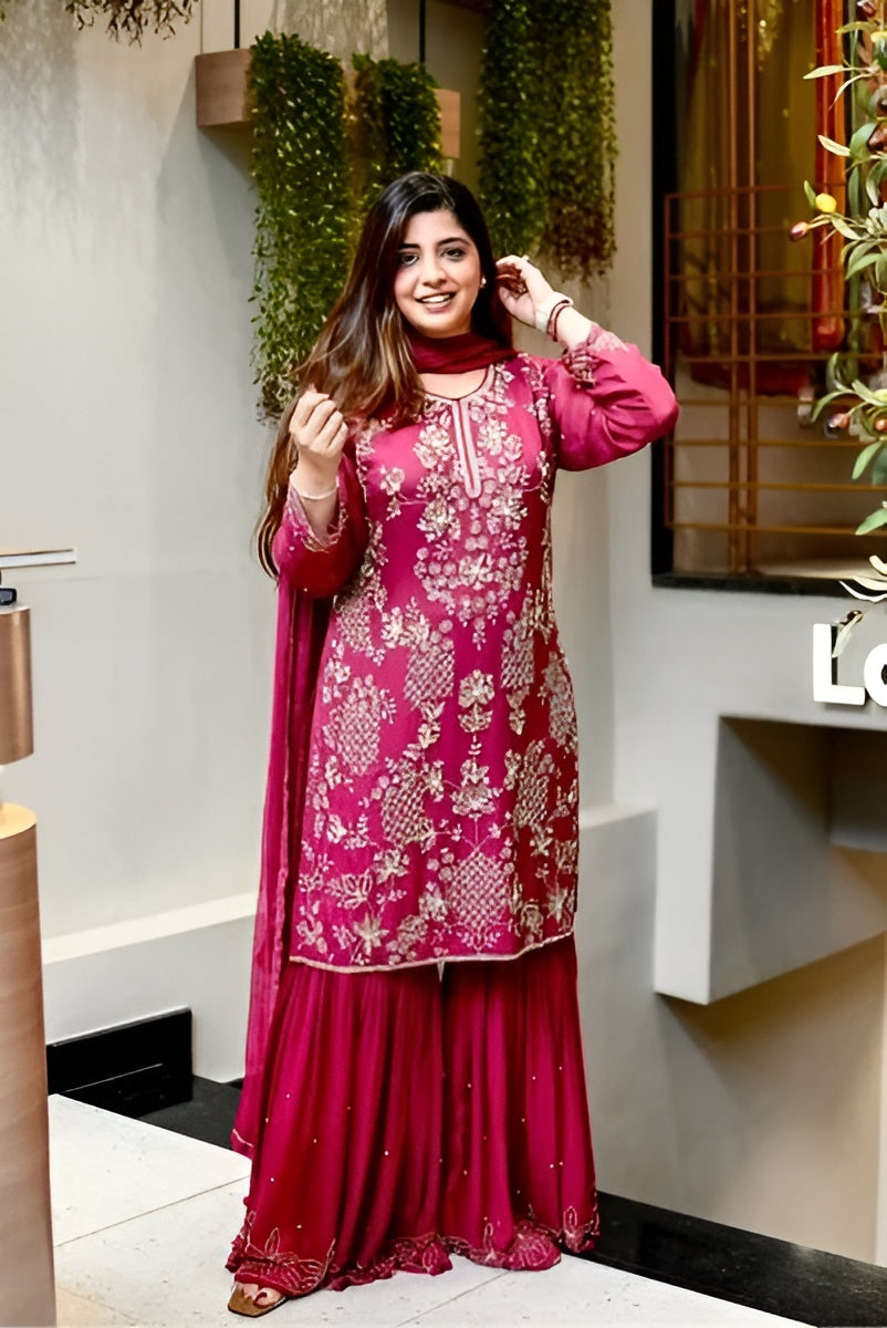 Pihu Faux Georgette Embroidery Sharara Palazzo Set