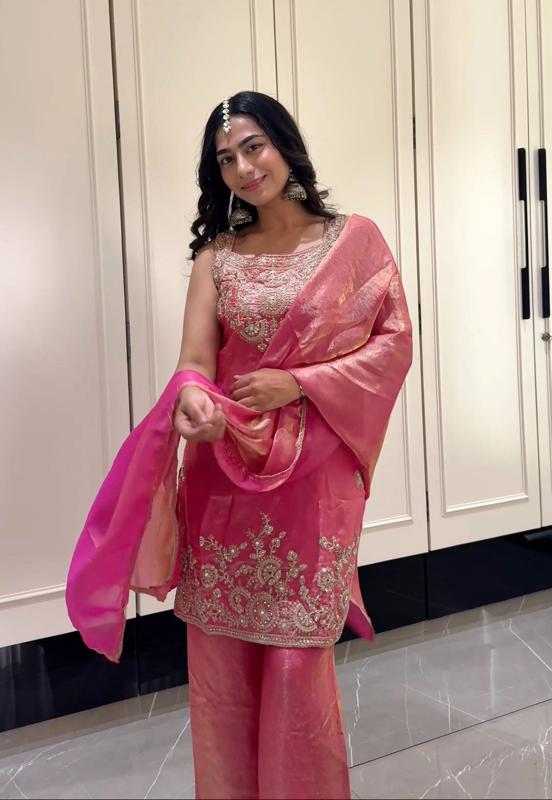 Aafreen Rani Pink Zari Embroidered Organza Kurta Palazzo Set
