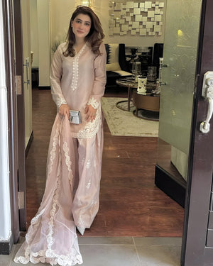 Women wearing Amira Roman Silk Embroidered Farsi Suit Set-Lahariya.com1