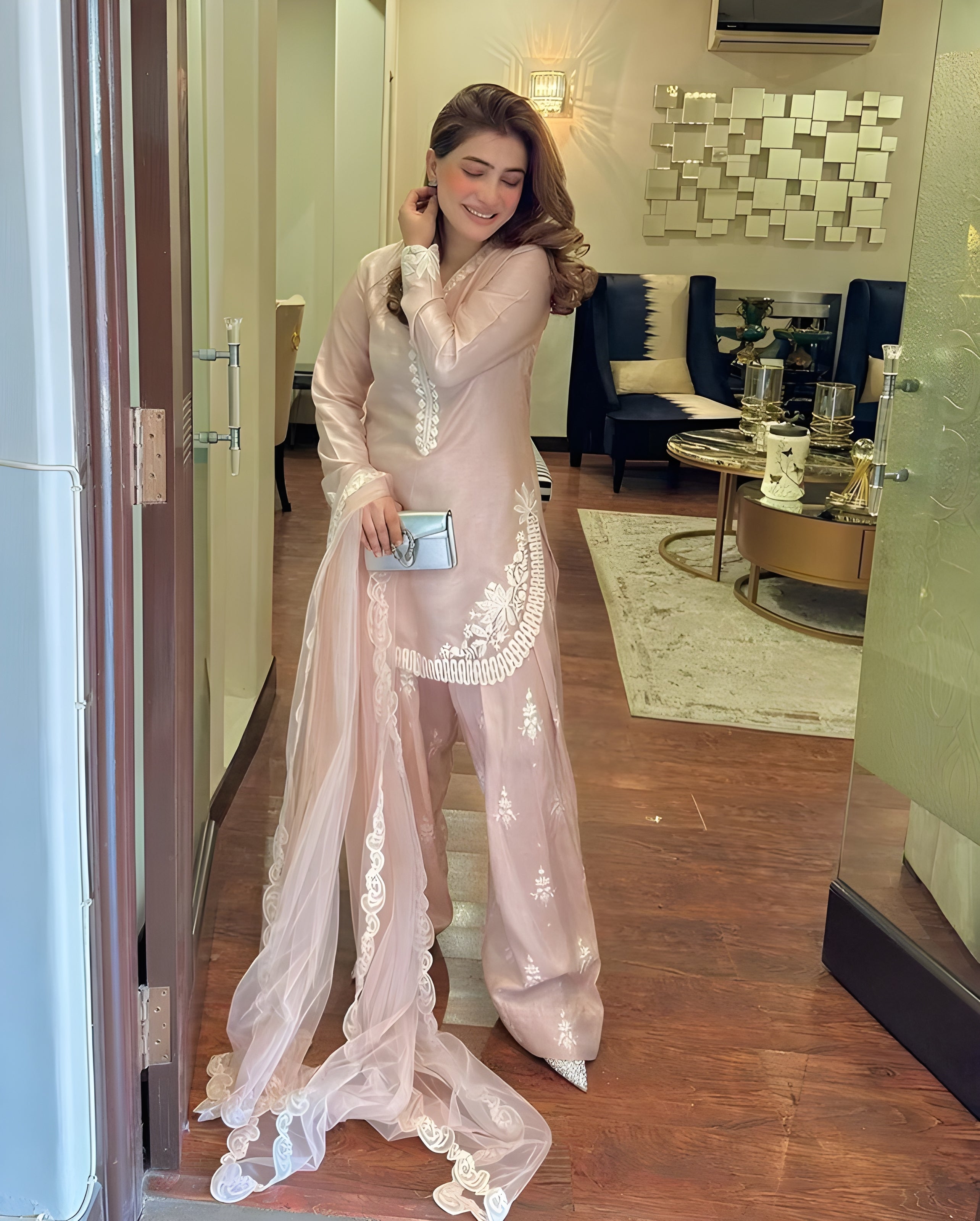 Women wearing Amira Roman Silk Embroidered Farsi Suit Set-Lahariya.com1
