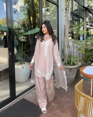 Women wearing Amira Roman Silk Embroidered Farsi Suit Set-Lahariya.com
