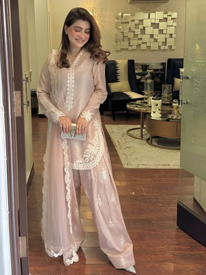 Women wearing Amira Roman Silk Embroidered Farsi Suit Set-Lahariya.com