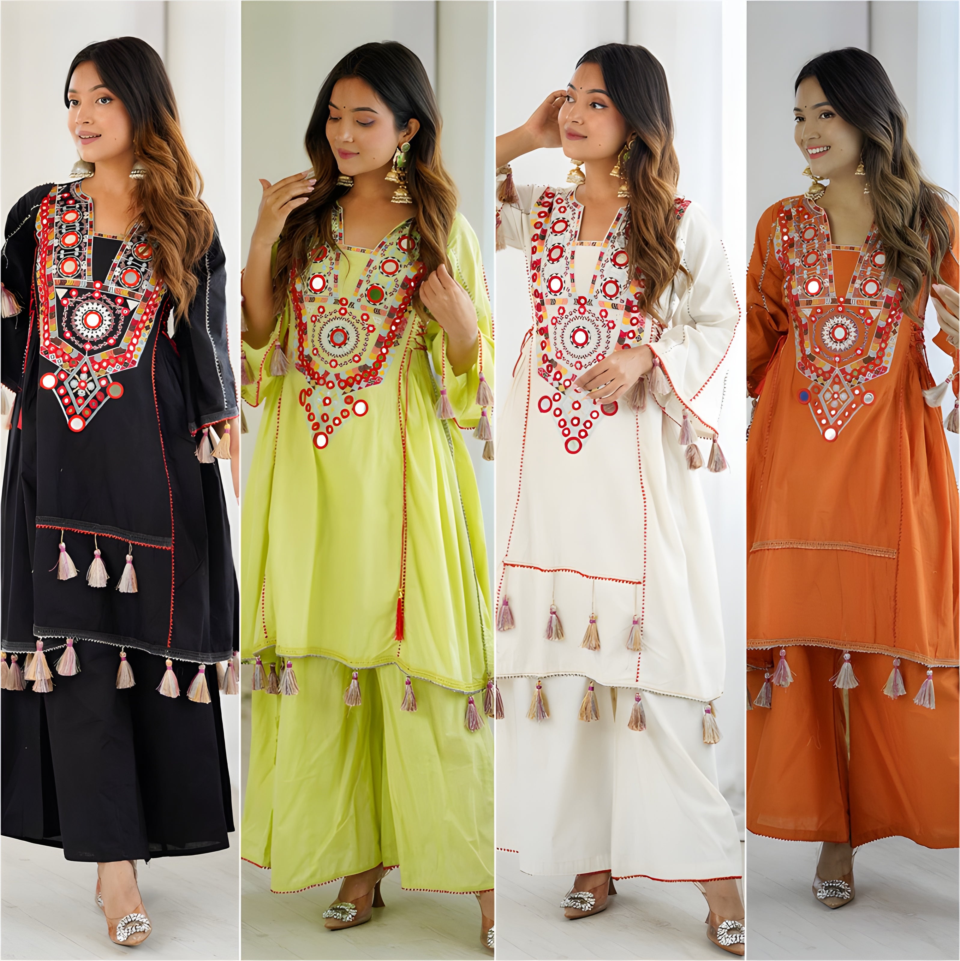 women wearing Jhanvi Tassel Mirror Work Kurta & Palazzo Set - Lahariya.com