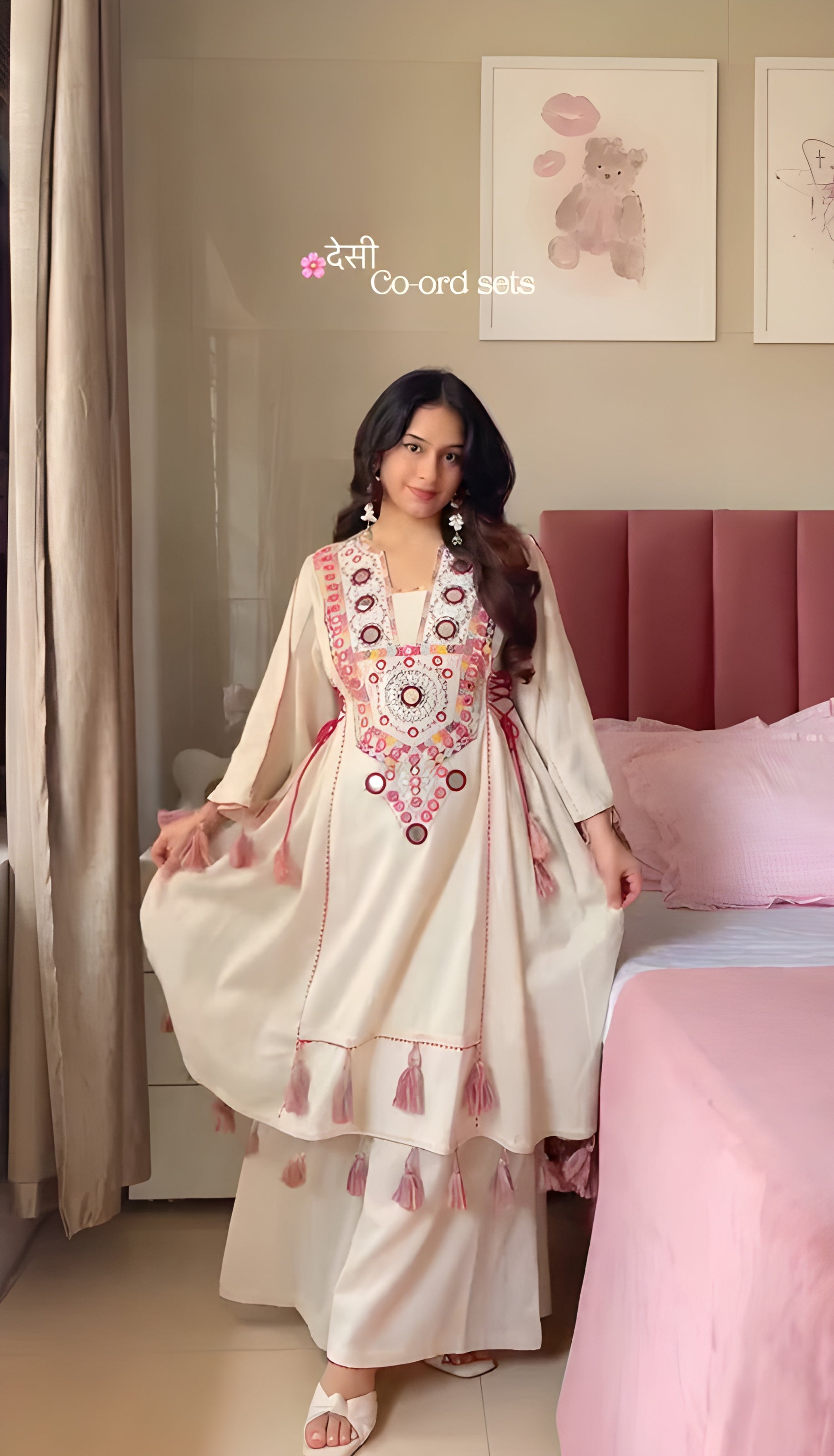 women wearing Jhanvi Tassel Mirror Work Kurta & Palazzo Set - Lahariya.com