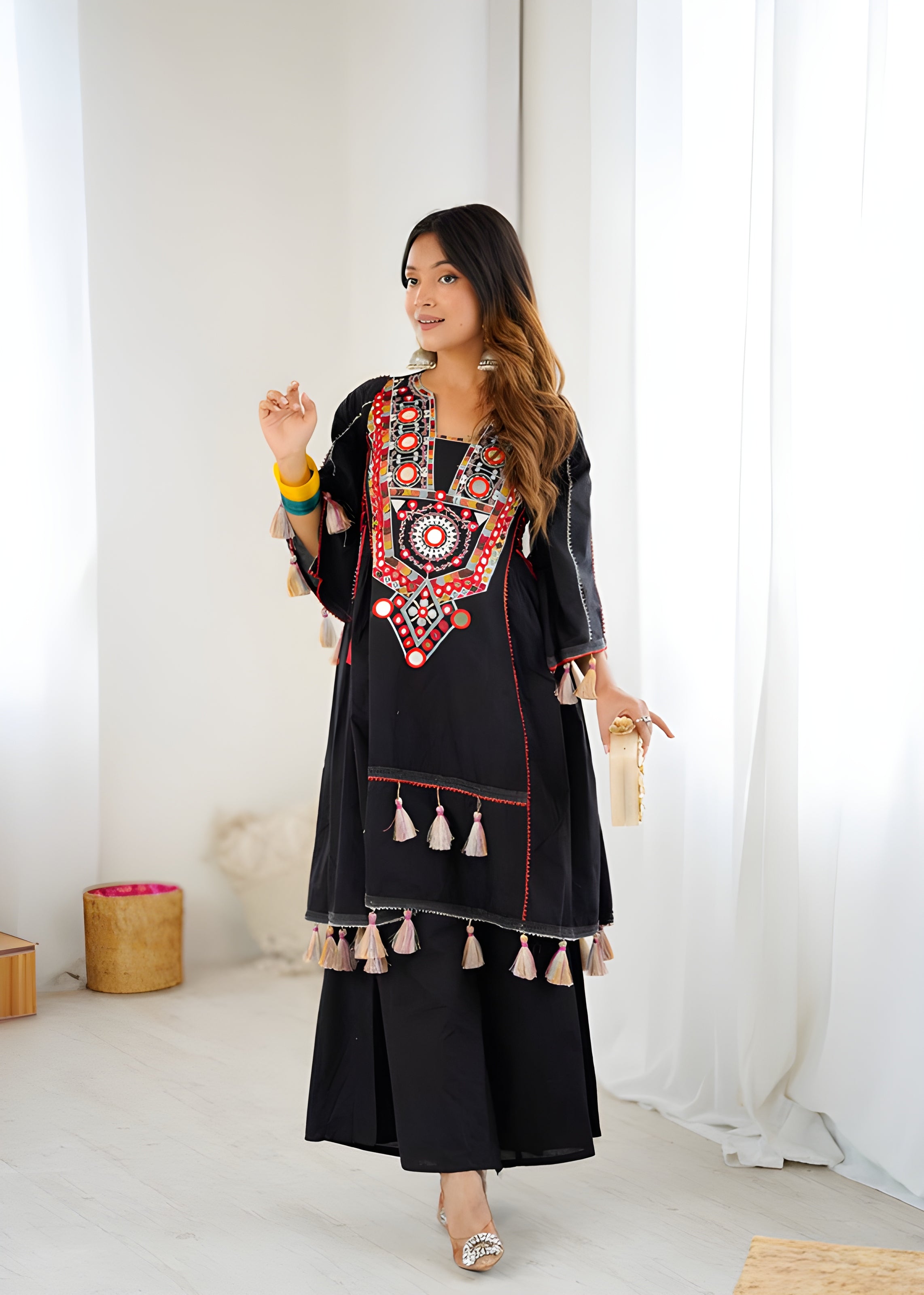 women wearing Jhanvi Tassel Mirror Work Kurta & Palazzo Set - Lahariya.com