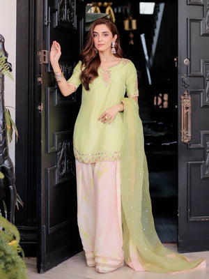 Woman in a Meher Mirror Work Embroidered Palazzo Suit-Lahariya.com