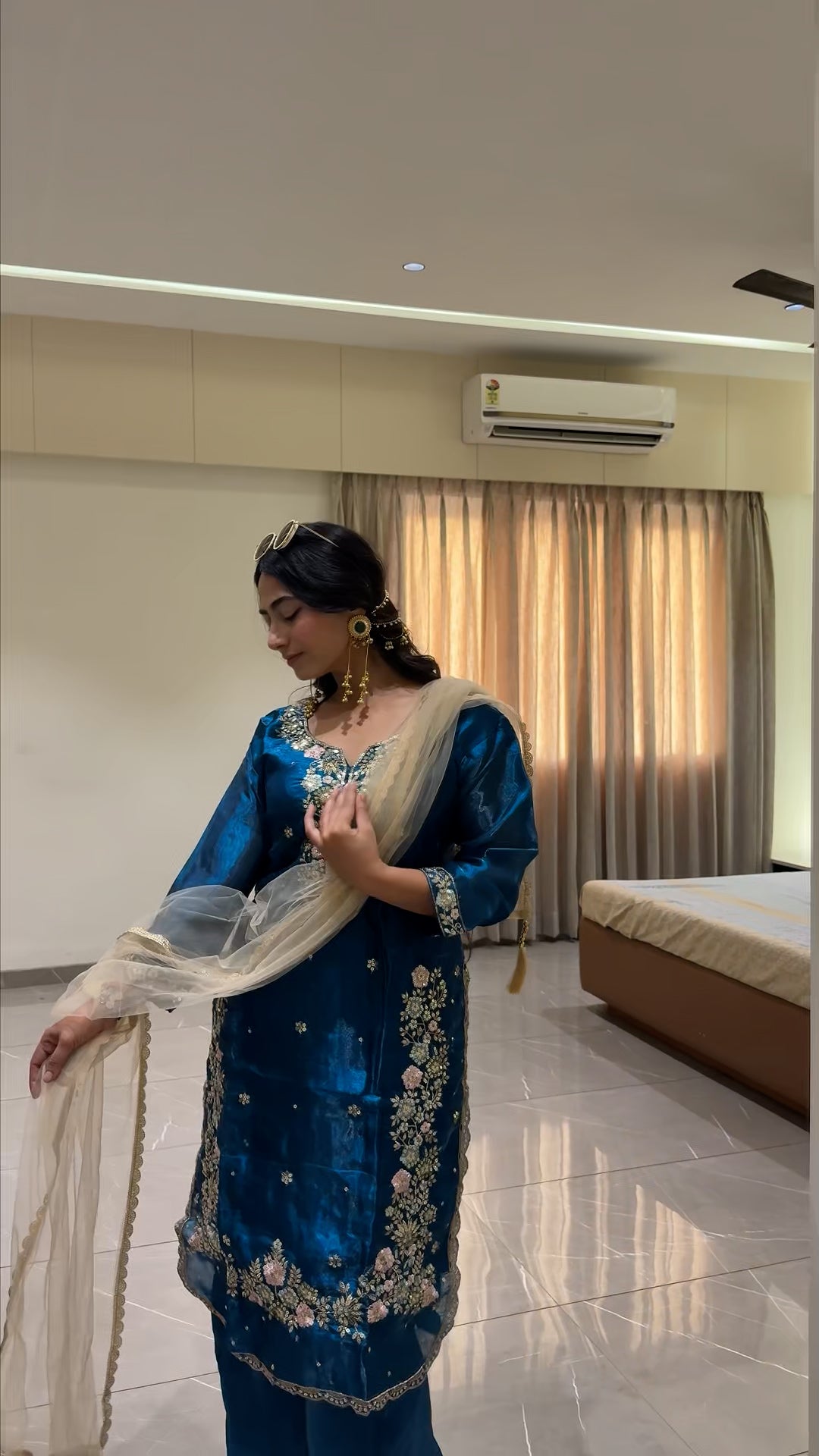 Meher Teal Noor Zari Embroidered Silk Kurta Palazzo Set with Organza Dupatta