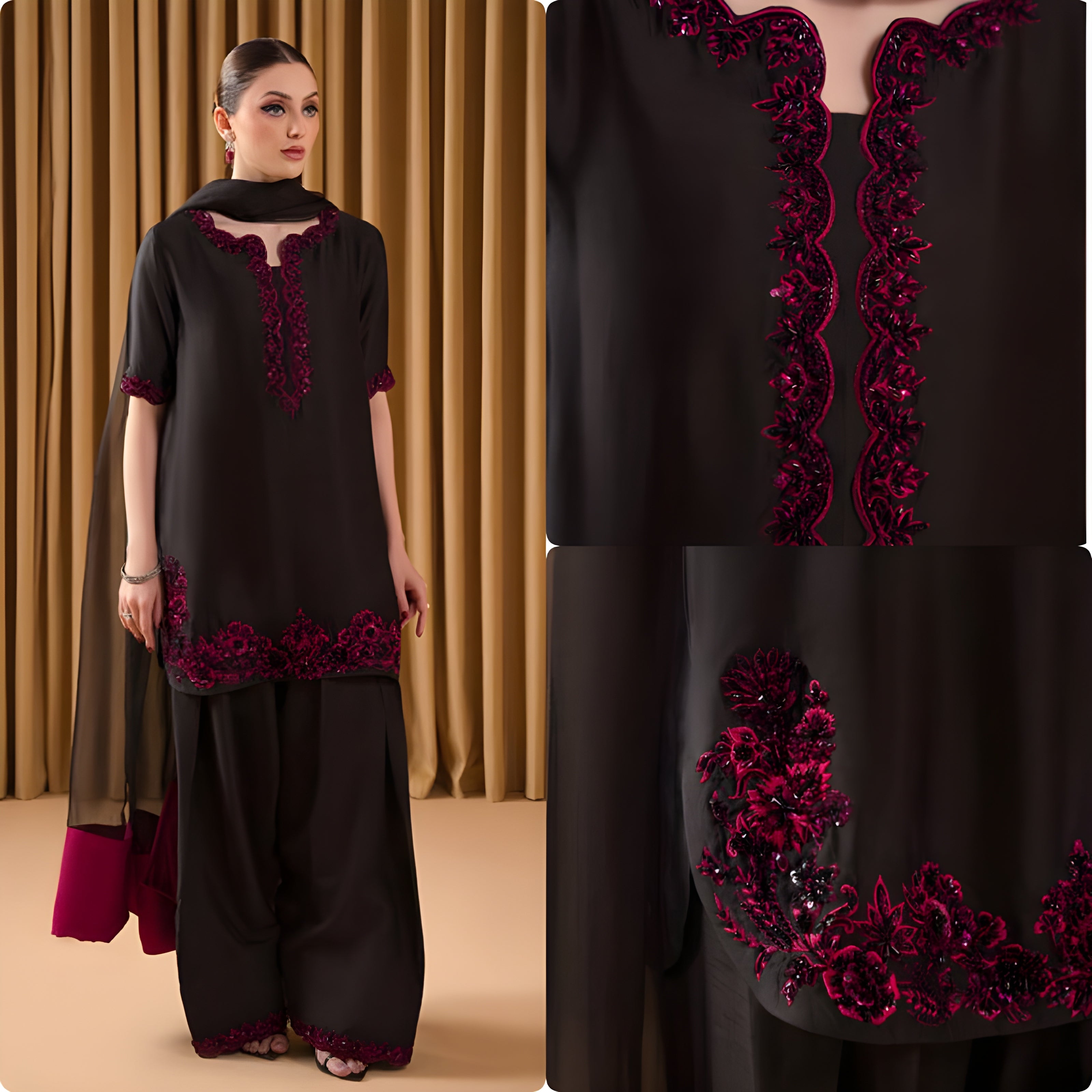 Woman wearing a black and red traditional outfit against a brown curtain background