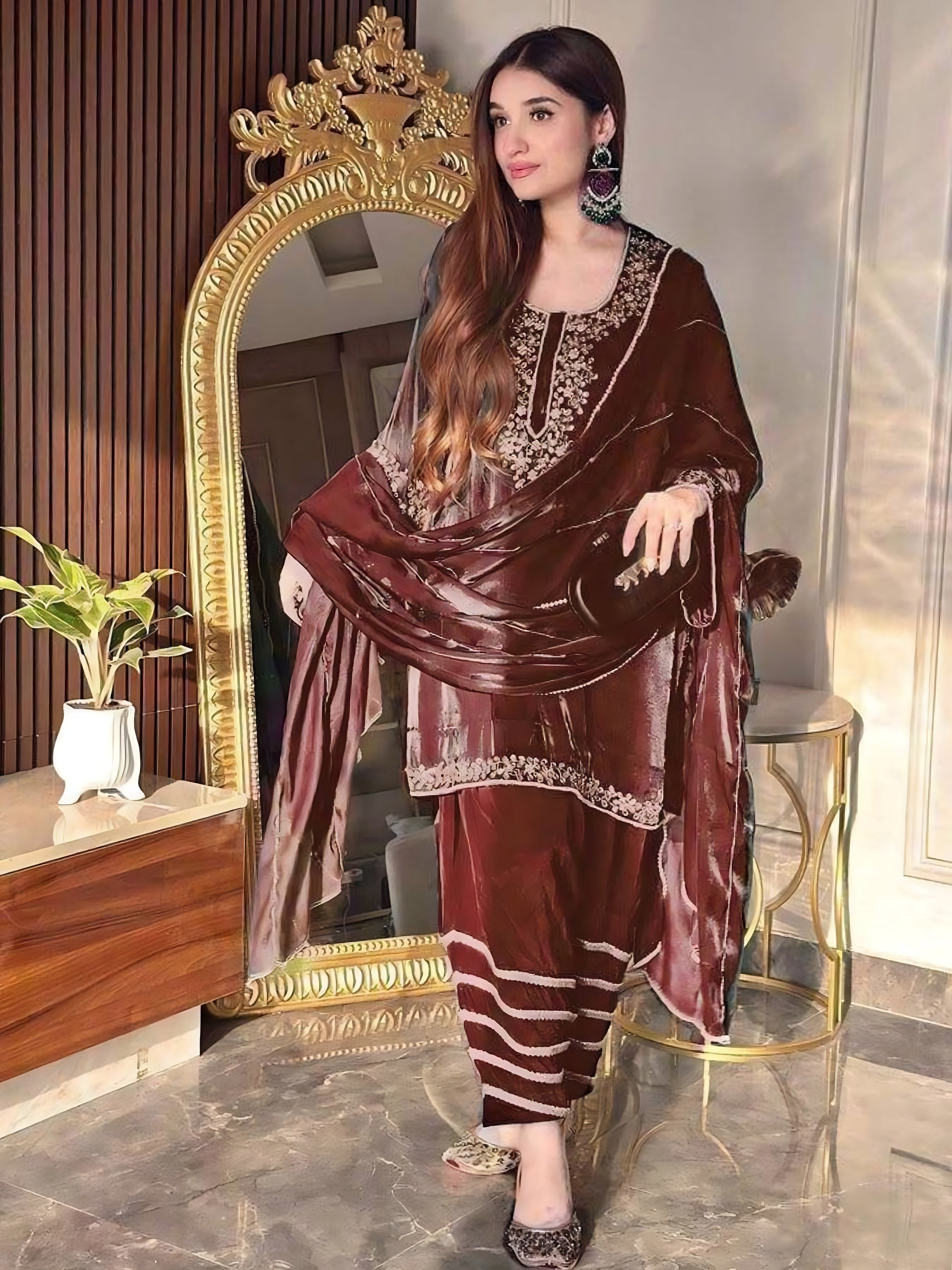 Navya Deep Brown Jimmi Chhoo Palazzo Suit Set with Zari Embroidery for Wedding Celebrations