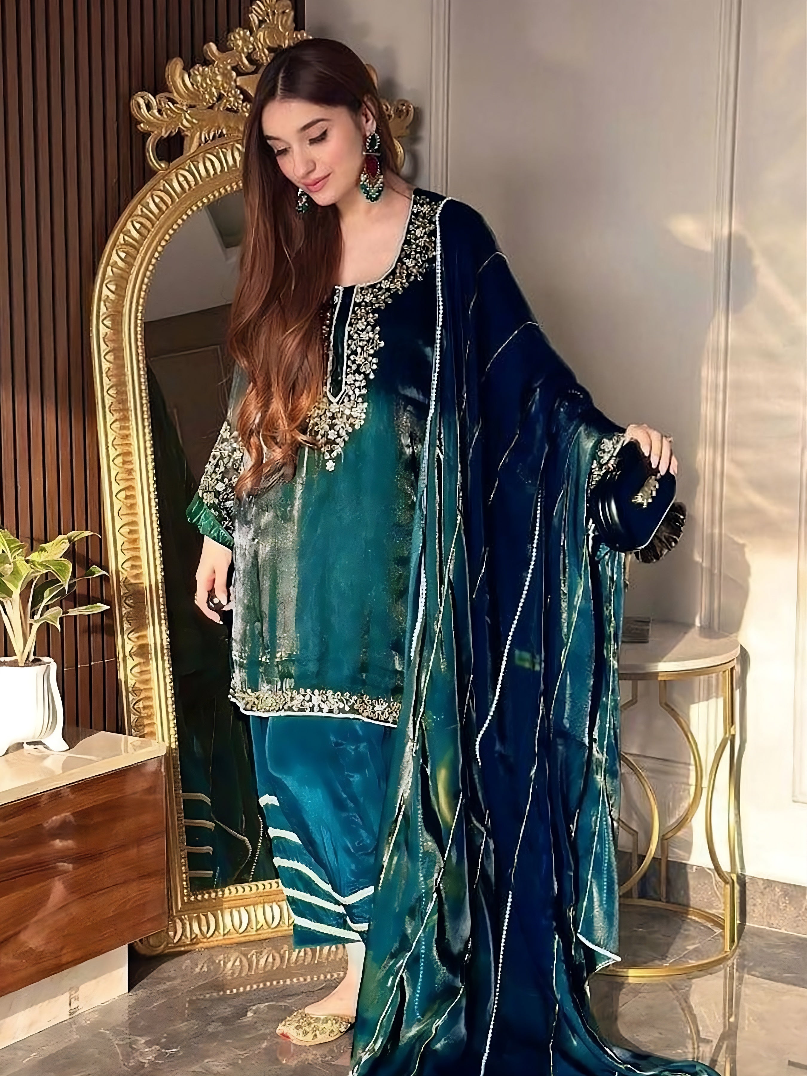 Neha Teal Blue Jimmi Chhoo Plazzo Suit with Sequins & Zari Embroidery