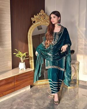 Neha Teal Blue Jimmi Chhoo Plazzo Suit with Sequins & Zari Embroidery