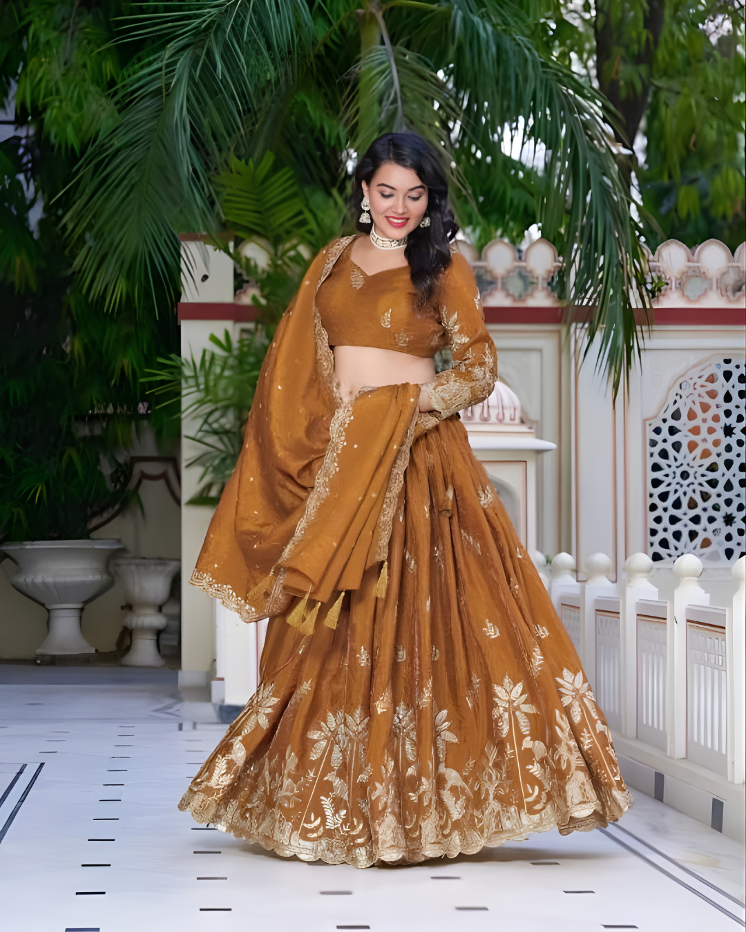 NiaraRustOrangeEmbroideredLehengaCholiSet - Lahariya.com