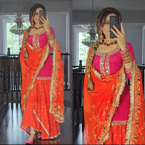 Women wearing Nidhi Embroidered Punjabi Sharara Suit Set-Lahariya.com