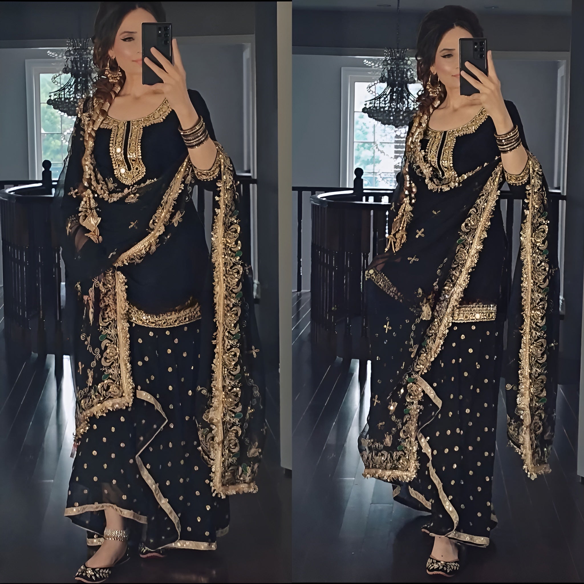 Women wearing Nidhi Embroidered Punjabi Sharara Suit Set-Lahariya.com