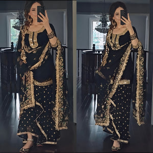 Women wearing Nidhi Embroidered Punjabi Sharara Suit Set-Lahariya.com