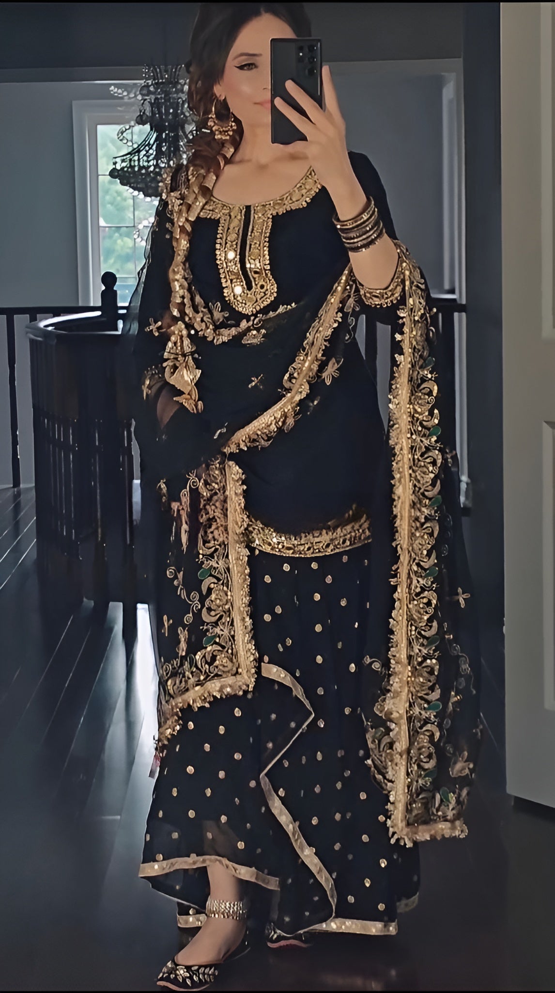 Women wearing Nidhi Embroidered Punjabi Sharara Suit Set-Lahariya.com