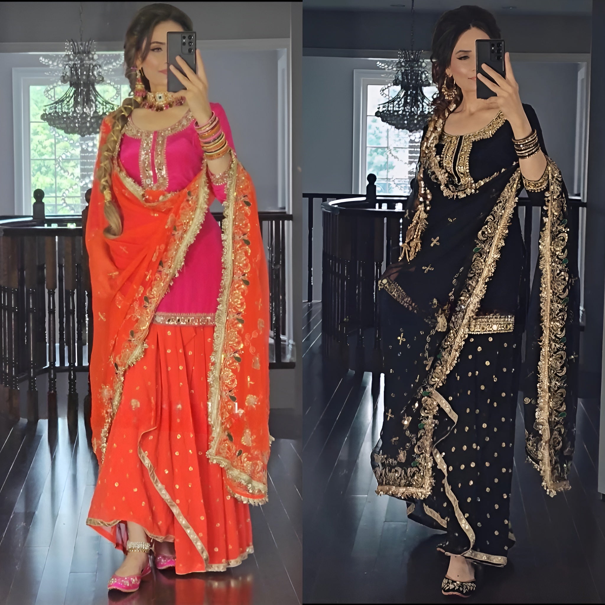 Women wearing Nidhi Embroidered Punjabi Sharara Suit Set-Lahariya.com