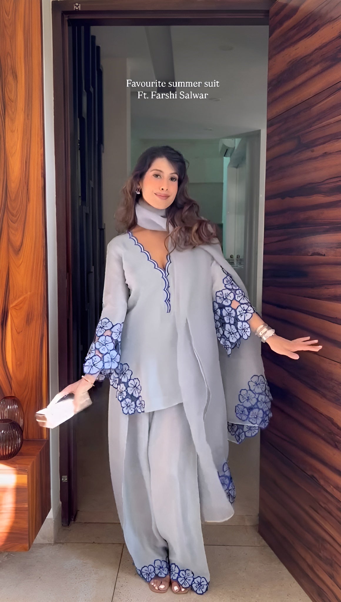 Women wearing Noor Bloom Embroidered Farshi Suit Set-Lahariya.com
