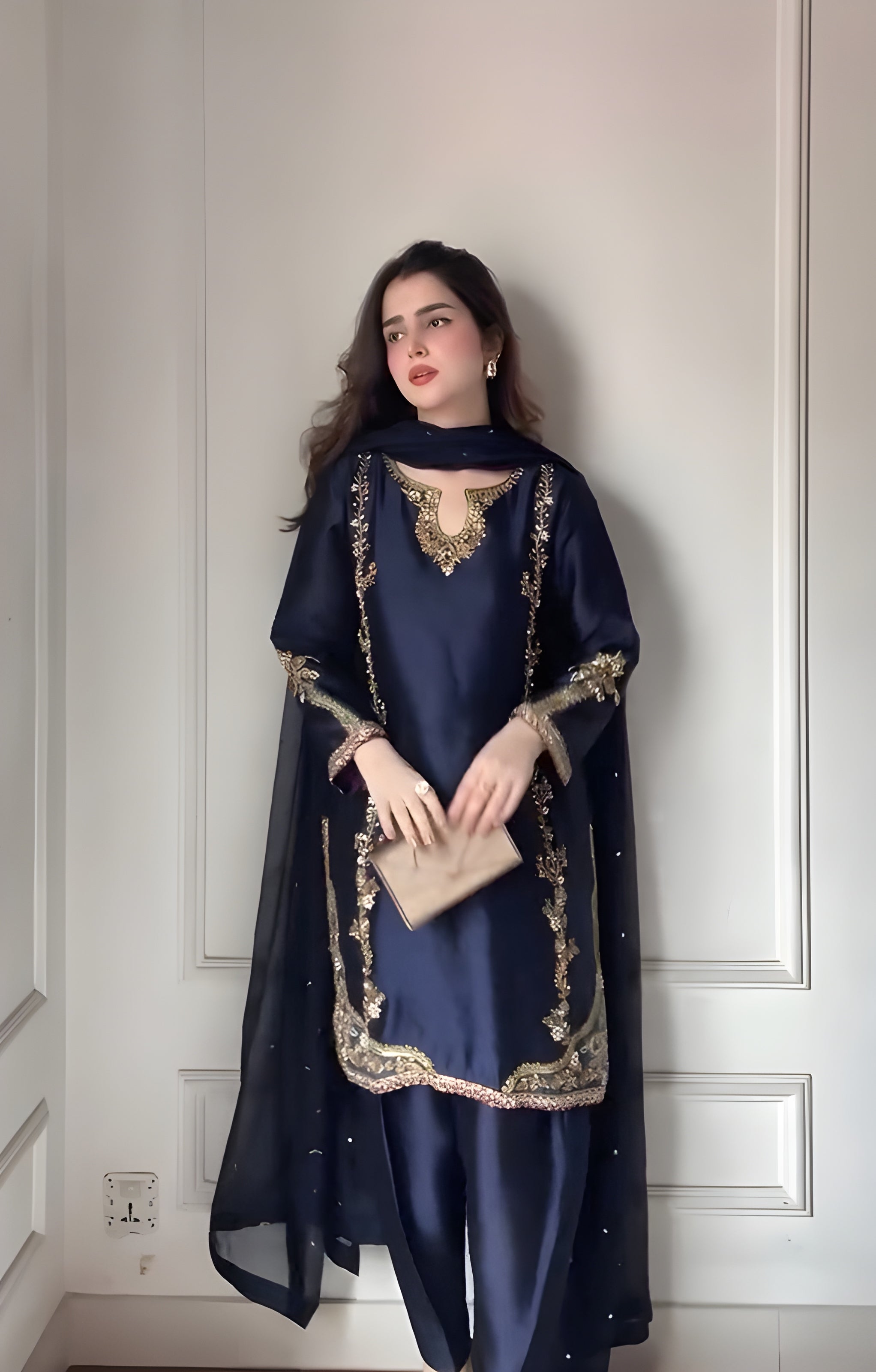 Women wearing Noor Navy Embroidered Salwar Set- Lahariya.com