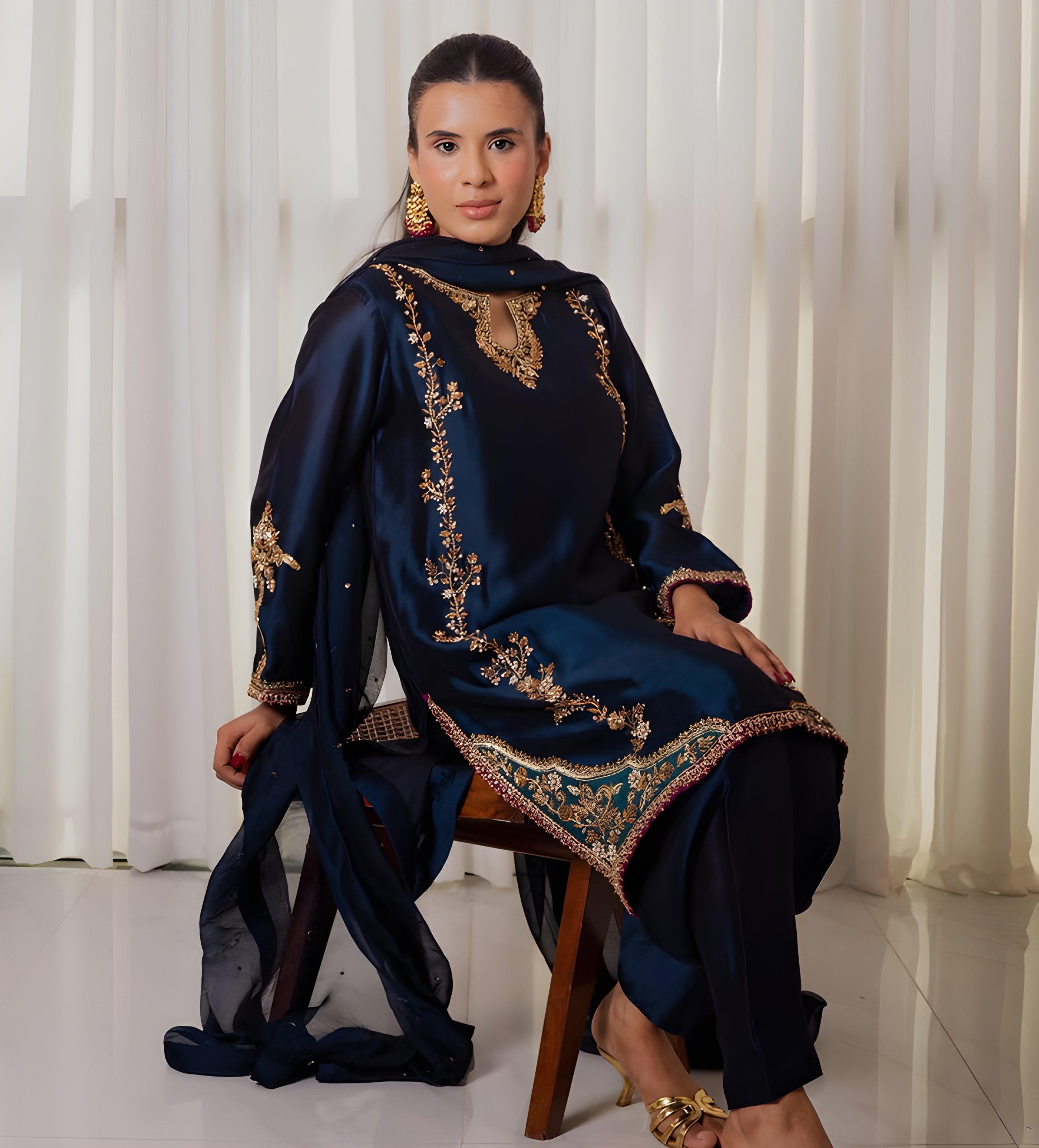 Women wearing Noor Navy Embroidered Salwar Set- Lahariya.com- 1
